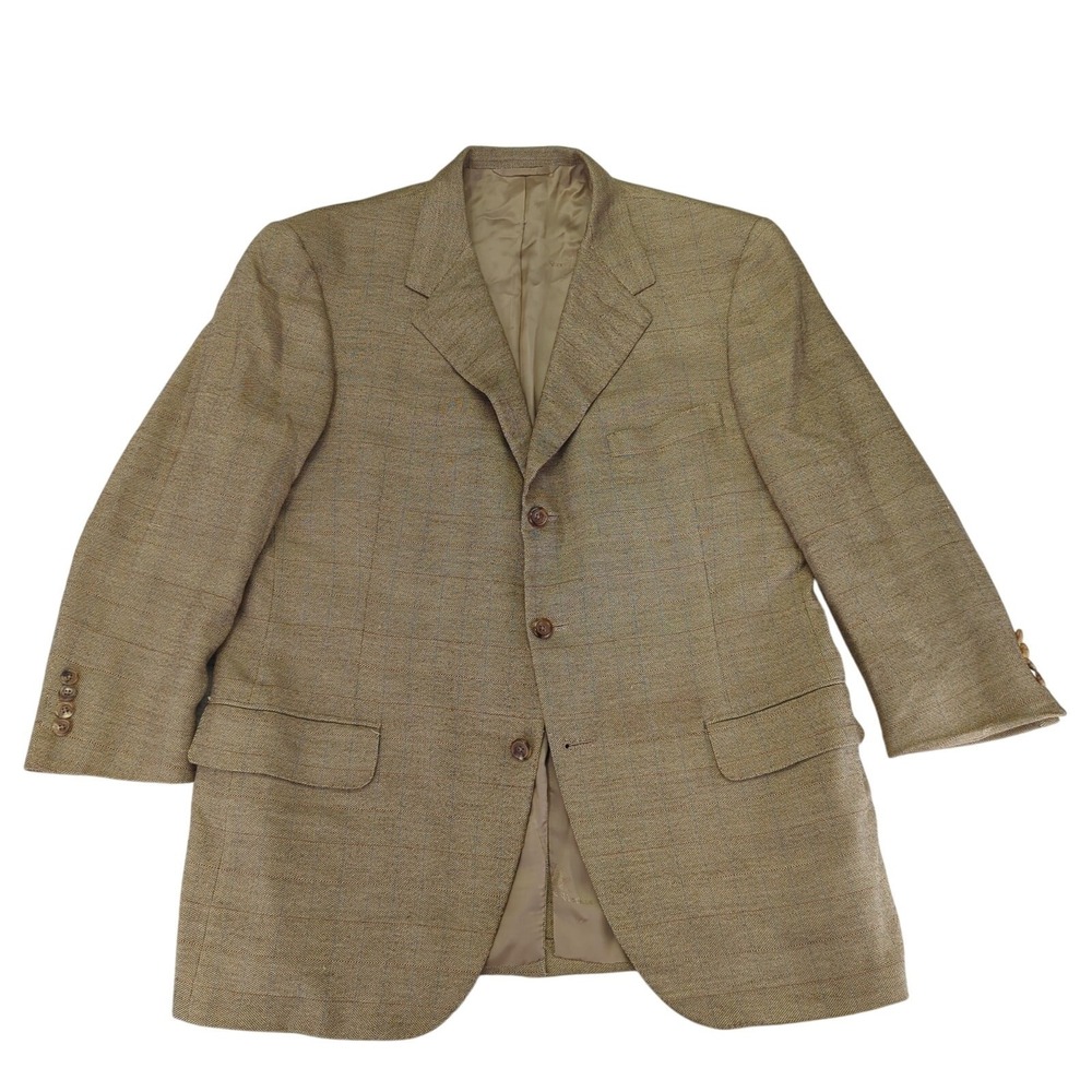 Oxxford Clothes Oak Hall Mens 44R Blazer Tan Wool Silk Cashmere Plaid Sport Coat